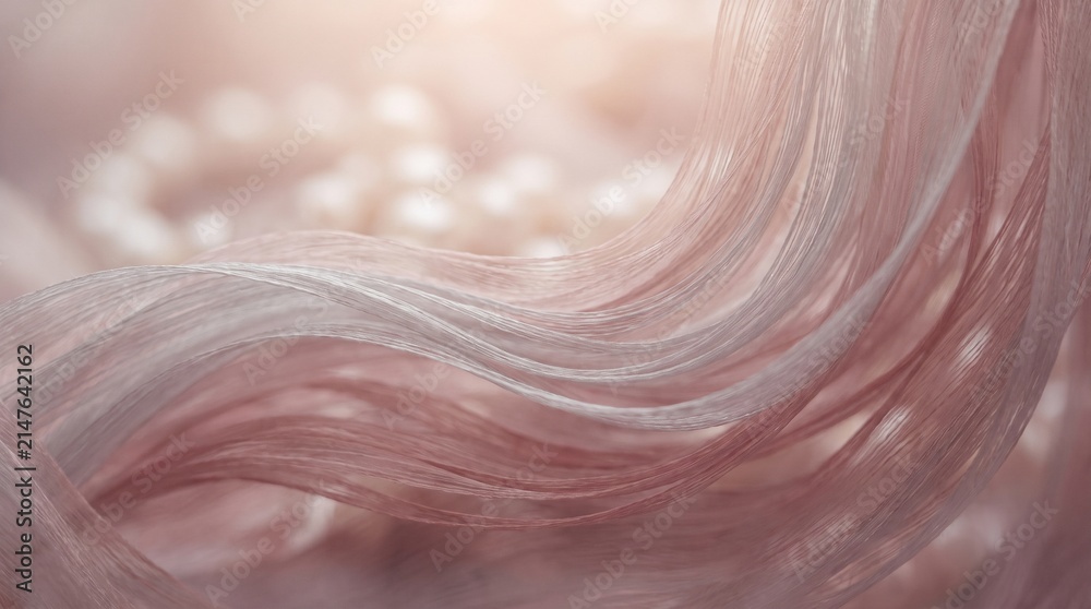 Fototapeta premium Soft-focus fantasy render of flowing translucent rose-gold strands with pearl bokeh highlights in dreamy ethereal atmosphere
