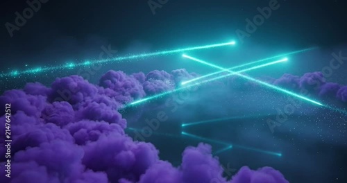 Futuristic cyan laser beams cutting through purple clouds in a dark abstract sci-fi environment arts