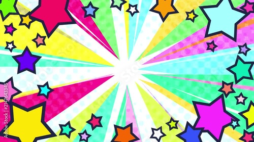 目立つ星と模様の入ったカラフルな集中線背景動画。激しく光る白いサンバーストアニメーション