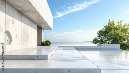 Modern concrete architecture with infinity pool overlooking the ocean and clear blue sky