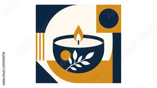 Modern Minimalist Aromatherapy Candle with Botanical Leaf Design in Geometric Abstract Composition, Luxury Home Decor Flat Vector Illustration