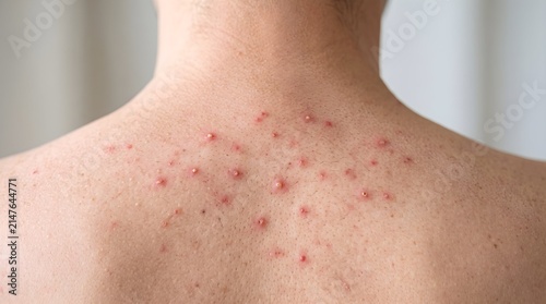 Macro Close Up of Folliculitis Red Bumps and Pustules on Back Skin