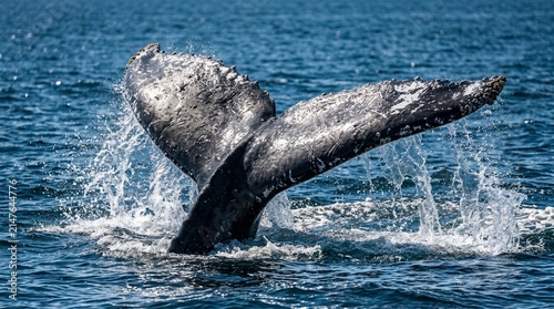 Majestic Whale Tail Breaking Surface in Sparkling Ocean