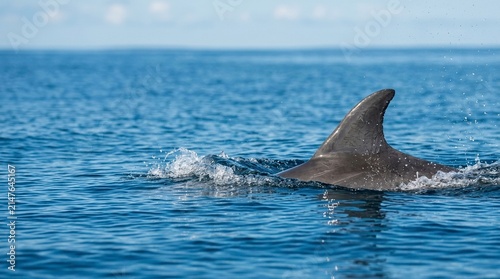 Shark Fin Rising Above Calm Blue Ocean Water Surface