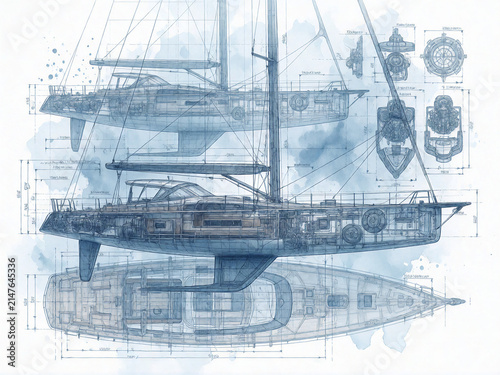 Technical blueprint drawing of a luxury sailing yacht