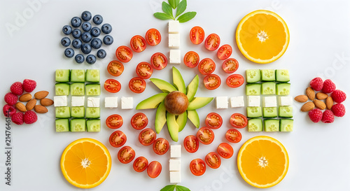 Geometric Symmetric Flatlay of Fresh Fruits, Vegetables, and Nuts