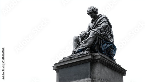 Classical marble statue of a seated draped man on a stone pedestal against white sky
