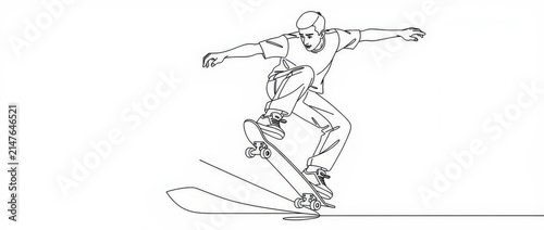 Skateboarder performing a trick. Young man jumping on a skateboard, line art illustration.