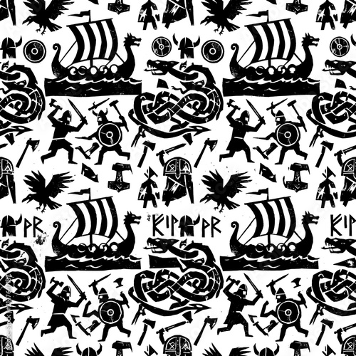 old Scandinavian legend seamless black and white repeating pattern