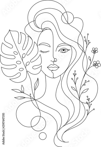 Modern Minimalist Continuous Line Art Woman Portrait with Monstera Leaf, Botanical Elements and Abstract Scandinavian Vector Design

Keywords (37):
