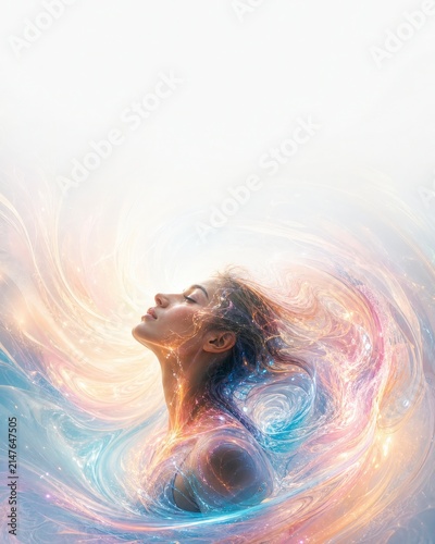 Woman merging with cosmic energy. Abstract portrait of a person in ethereal light.
