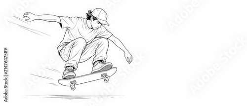 Skateboarder performing a jump trick. Urban athlete doing a kickflip stunt in sketch style.