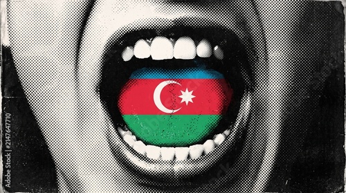 A striking black and white close-up of an open mouth screaming, with the vibrant flag of Azerbaijan digitally inserted onto the tongue.
