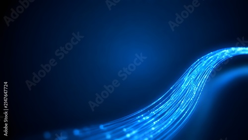 Blue glowing cables in server room, efficient data flow, high-tech network connectivity center.

