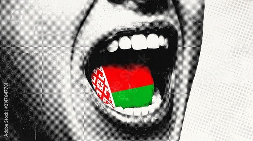 A black and white close-up of a person's open mouth with the Belarusian flag inside, symbolizing protest and national identity.