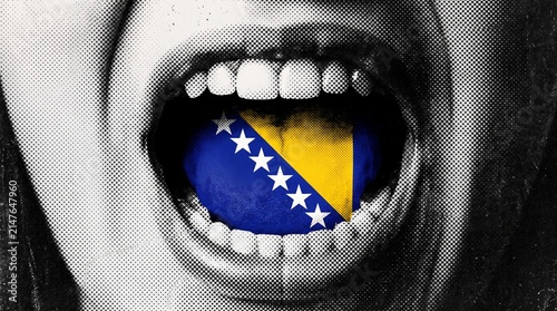 A person's open mouth with the flag of Bosnia and Herzegovina inside, symbolizing national voice or identity.