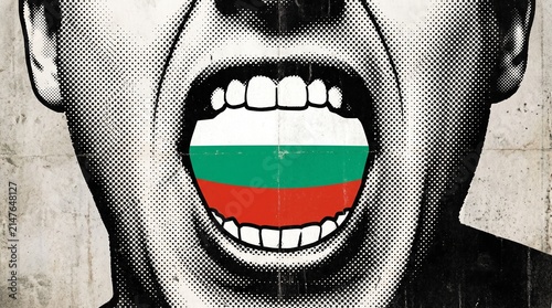 A graphic image of a person's mouth wide open, revealing the Bulgarian flag on their tongue, conveying a powerful national voice or protest.