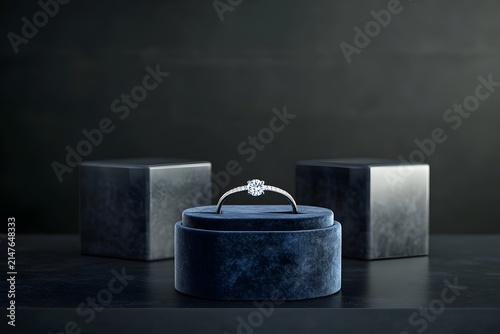 Blue velvet ring box with diamond in 3D, elegant presentation, exquisite jewelry showcase.

