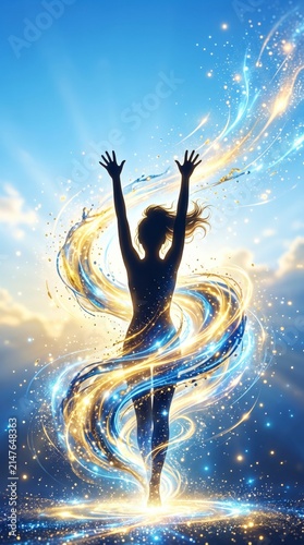 Silhouette of a woman with glowing energy. Female figure surrounded by magical light.