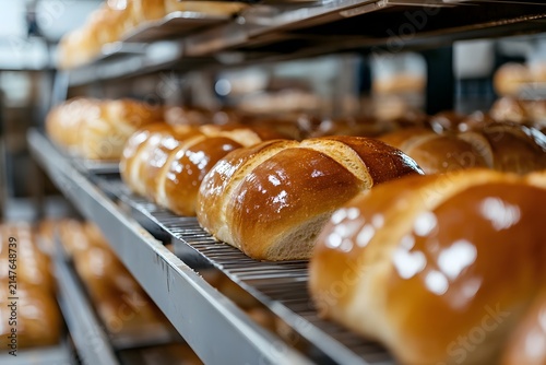 Close-up bread loaves on production, fresh baked texture, bakery industry detail.

