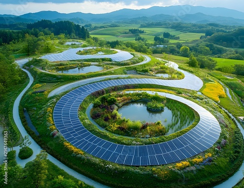 Spiral-shaped landscape with solar panels and green energy, sustainable design, eco innovation.


