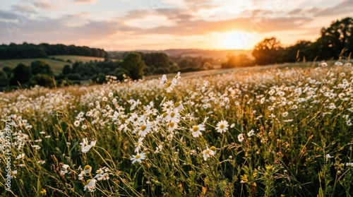 A vibrant meadow filled with daisies under a breathtaking sunset sky, with a gentle breeze rustling the flowers and the distant hills forming a serene backdrop.