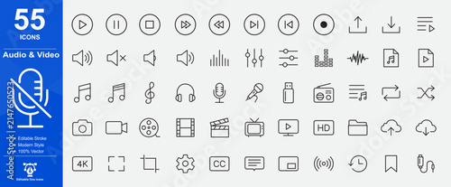 Web icons for audio and video in line style. Cinema, speaker, online, picture, play button, music, collection. Editable stroke. Vector illustration