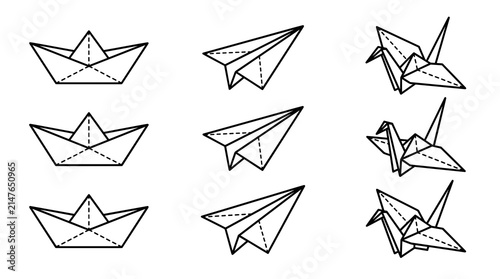 Set of origami paper boat, airplane, and crane icons in linear style.