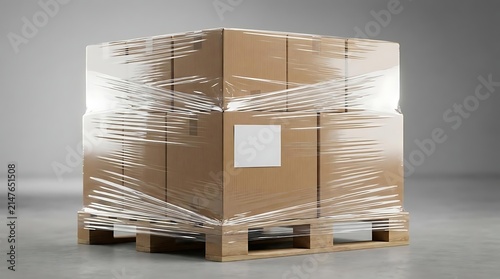 Cardboard Boxes Stacked on a Wooden Pallet Wrapped in Plastic Film for Industrial Logistics and Warehouse Shipping and Distribution Services