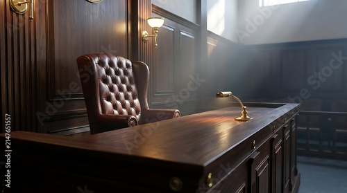 Empty Judge Bench with Leather Chair Inside a Classic Wooden Courtroom Interior Featuring Dramatic Atmospheric Lighting