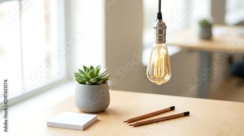 Minimalist Wooden Desk Workspace Featuring a Hanging Edison Bulb Light and Small Potted Succulent Plant for Creative Focus