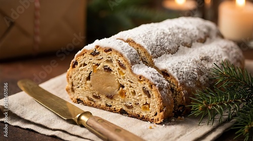 Traditional German Christmas Stollen Fruit Bread with Marzipan Filling for Holiday Season Celebration