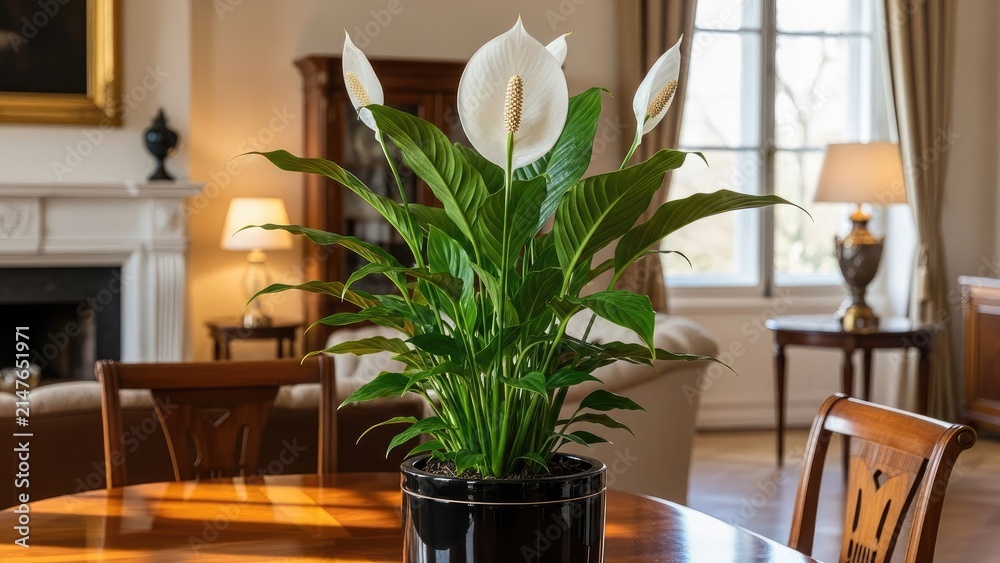 Fototapeta premium Interior view of a living room with a peace lily on a polished wooden table