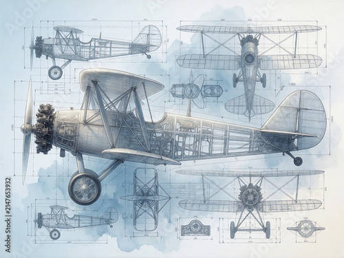 Vintage biplane technical blueprint illustration