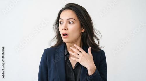 Photo, close-up, a woman with a surprised expression looking to the side, with product announcements and advertisements in the background, 