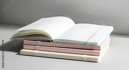 Open blank notebook mockup stacked on pastel hardcover books isolated on white surface