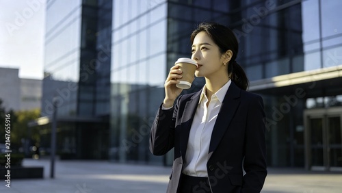 Executive woman enjoying morning coffee outside business hub