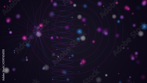 Canvas Print Abstract particle physics visualization with spiral orbiting orbs and nodes