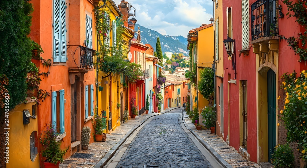 Naklejka premium Vibrant European lane showcasing pastel buildings and cobblestones wallpaper