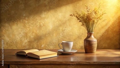 The still life composition of a worn wooden table features a simple yet elegant arrangement of a vase book and cup delicately positioned against a sof