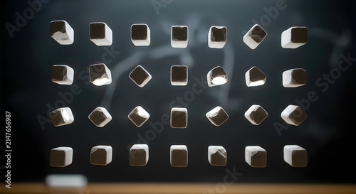 Grid of floating white chalk sticks in front of a blurred classroom blackboard