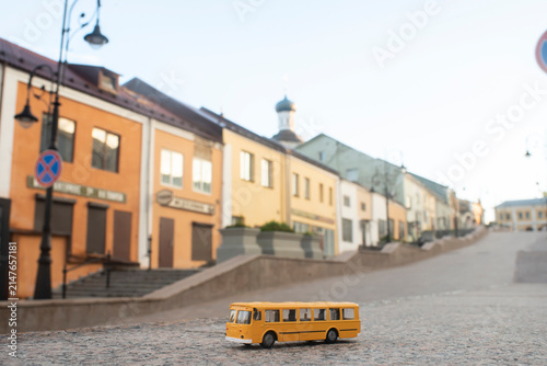 Arzamas city Greater Golden Ring of Russia route toy bus on sloping street outdoors
