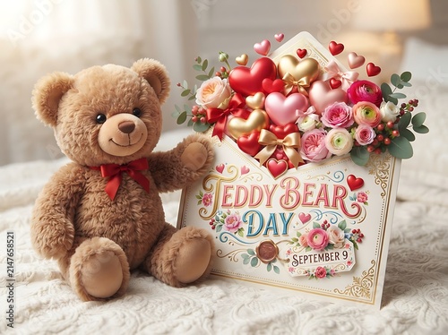 Cute teddy bear sitting next to a decorative envelope with flowers and hearts for teddy bear day on september 9