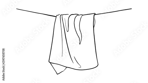 Hanging white towel on line white background.