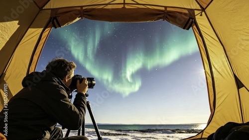 Photographer inside tent viewing aurora borealis through ope