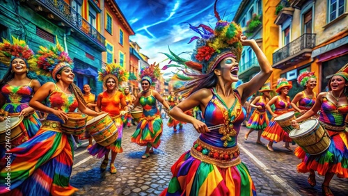 A kaleidoscope of colors dance across vibrant brazilian carnaval streets musicians lost in rhythm amidst swirling patterns