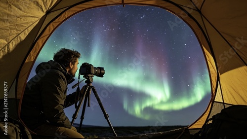Nature photographer inside tent with tripod aimed at aurora 