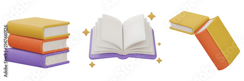 Set of 3d colorful book icons, stack of books, open book with sparkles, and leaning books isolated on transparent background