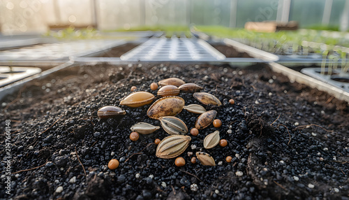 Close up view of various plant seeds resting on rich fertile dark soil in tray inside greenhouse