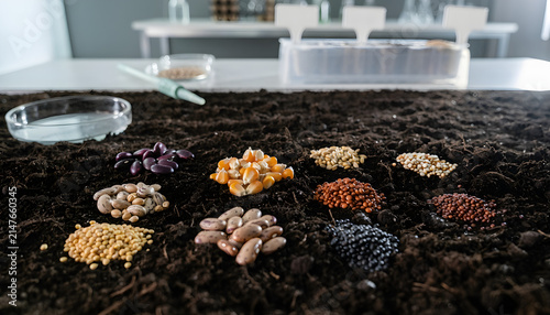 Assortment of different agricultural seeds laid out in piles on dark soil in a science laboratory for research